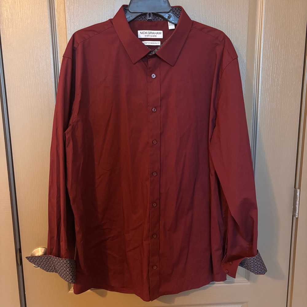 Nick Graham Burgundy Shirt 2XL 18-18.5 36-37 Everywhere Stretch Modern Fit